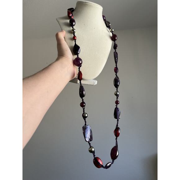 VTG Acrylic Purple Beaded Gunmetal Purple Ribbon Statement Necklace 38” - Picture 1 of 5